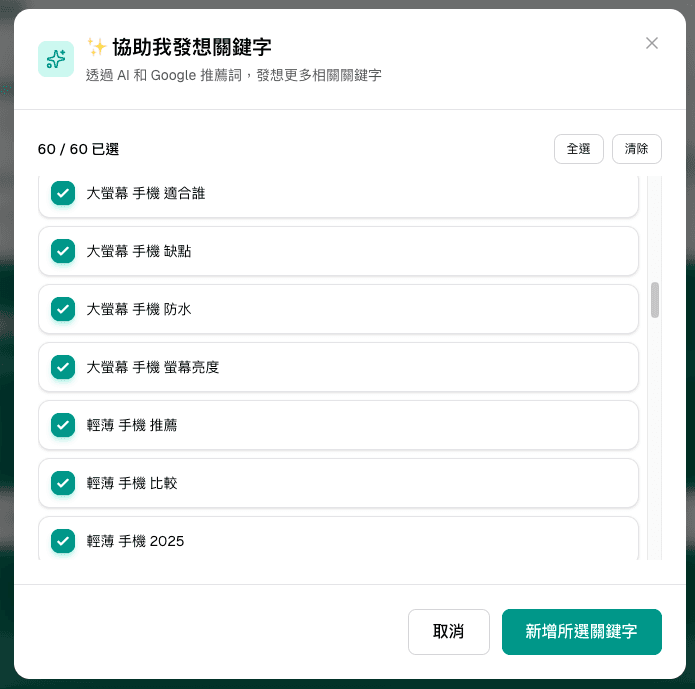 候選關鍵字清單